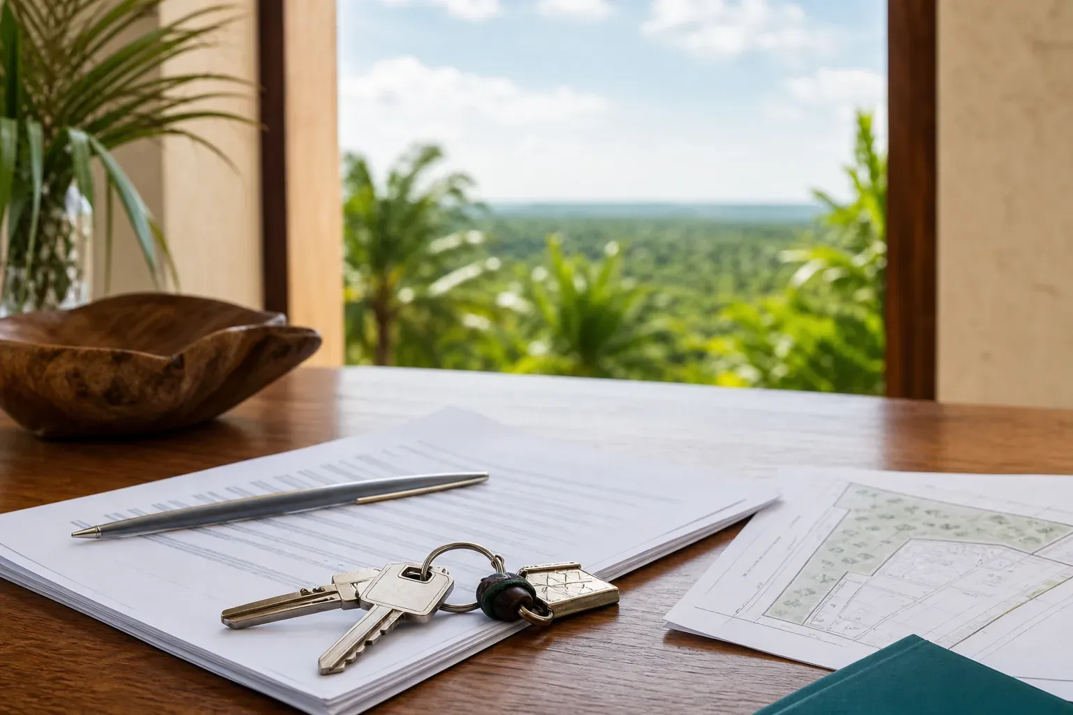 Belize property ownership documents with keys and a tropical acreage view
