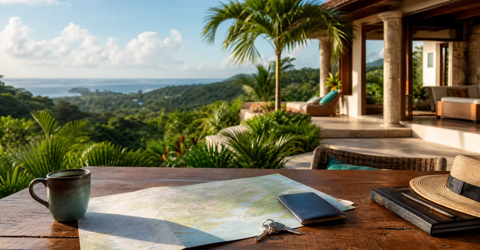 A Belize real estate planning scene with keys, a map, and a tropical property view.