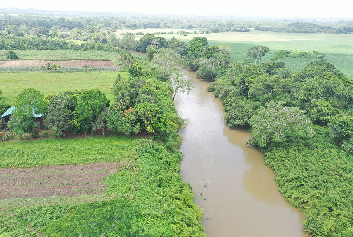 Drone view of the property with a scenic river