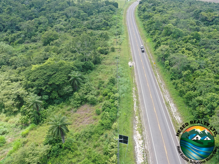 Aerial view of the George Price Highway showing access points to the 118-acre parcel in Georgeville Village, Cayo District.