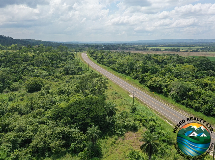 Clear blue sky over the George Price Highway, framed by properties on both sides near the 118-acre parcel.