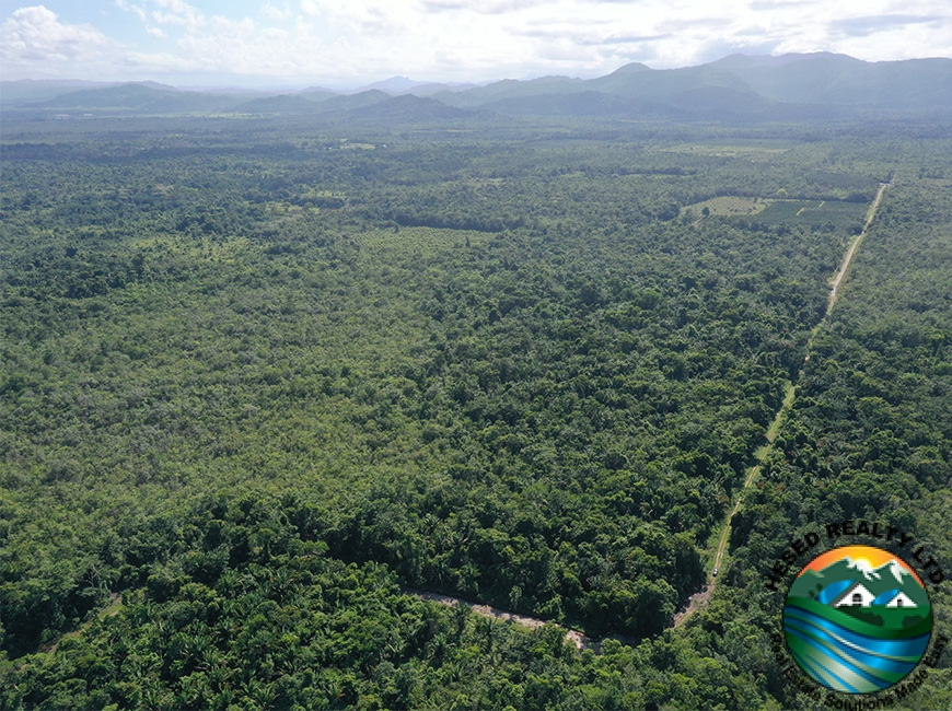 Drone view of the 40-acre property in Silk Grass Village with a scenic backdrop of hilltops to the north.