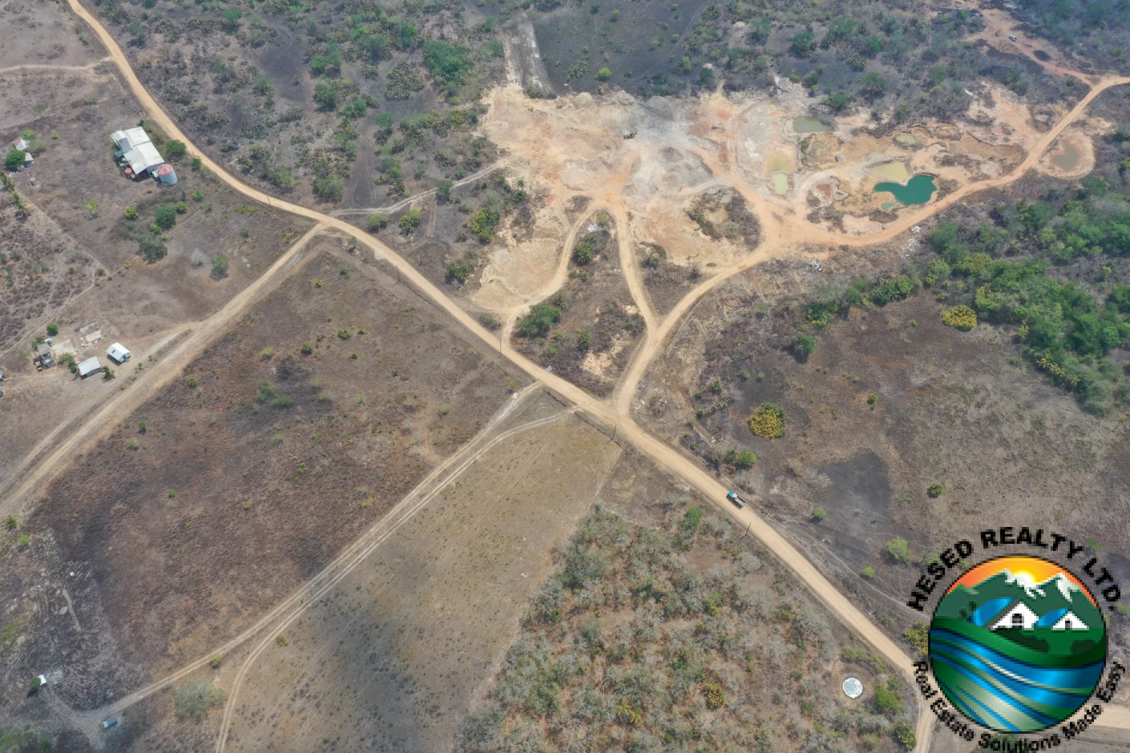 Aerial view of the entrance to the 69-acre property in Billy White, Belize.