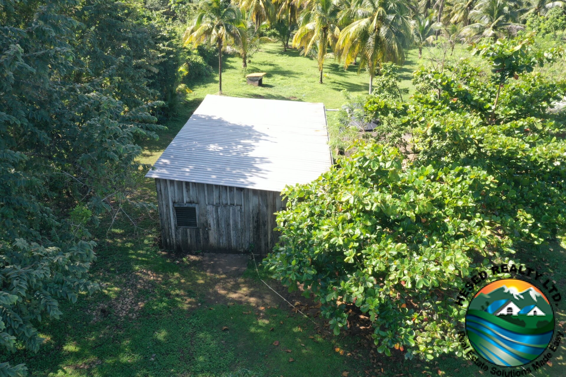 Drone photo of a wooden house surrounded by greenery on the property.